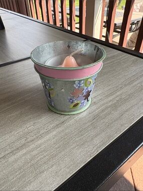PartyLite Pink and Green Floral Metal Votive Holder